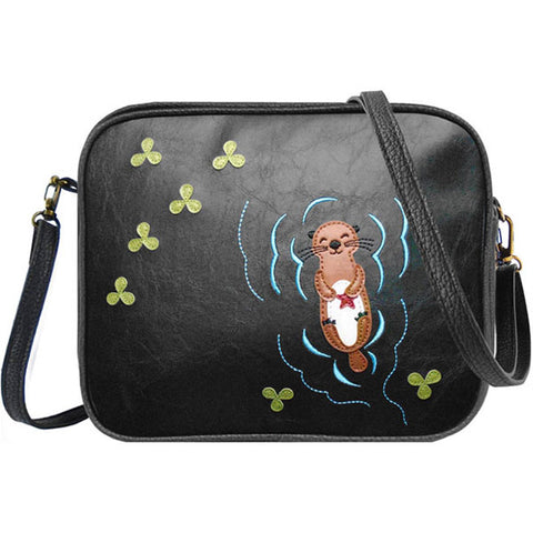 LAVISHY fun & playful applique vegan leather cross body bag/toiletry bag with adorable sea otter with starfish applique. It's Eco-friendly, ethically made, cruelty free. Wholesale available at www.lavishy.com with many unique & fun fashion accessories.