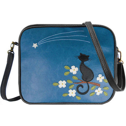 Online shopping for LAVISHY fun & playful applique vegan leather cross body bag/toiletry bag with adorable cat & flower under shotting star applique. It's Eco-friendly, ethically made, cruelty free. Wholesale available at www.lavishy.com with many unique & fun fashion accessories.