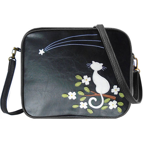 Online shopping for LAVISHY fun & playful applique vegan leather cross body bag/toiletry bag with adorable cat & flower under shotting star applique. It's Eco-friendly, ethically made, cruelty free. Wholesale available at www.lavishy.com with many unique & fun fashion accessories.