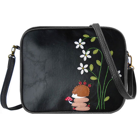 LAVISHY fun & playful applique vegan leather cross body bag/toiletry bag with adorable hedgehog, flower & mushroom applique. It's Eco-friendly, ethically made, cruelty free. Wholesale available at www.lavishy.com with many unique & fun fashion accessories.