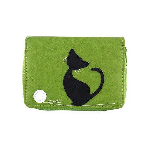 Online shopping for LAVISHY fun & playful applique vegan leather cardholder with adorable cat with yarn ball applique.  It's Eco-friendly, ethically made, cruelty free. A great gift for you or your friends & family. Wholesale available at www.lavishy.com with many unique & fun fashion accessories.