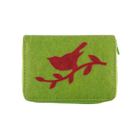 Online shopping for vegan brand LAVISHY's fun & playful applique vegan leather cardholder with adorable Sparrow bird applique.  It's Eco-friendly, ethically made, cruelty free. A great gift for you or your friends & family. Wholesale available at www.lavishy.com with many unique & fun fashion accessories.