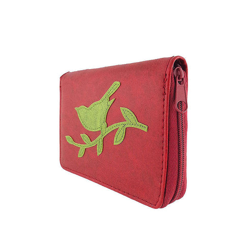 Online shopping for vegan brand LAVISHY's fun & playful applique vegan leather cardholder with adorable Sparrow bird applique.  It's Eco-friendly, ethically made, cruelty free. A great gift for you or your friends & family. Wholesale available at www.lavishy.com with many unique & fun fashion accessories.
