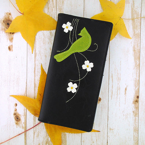 LAVISHY Eco-friendly bird & dogwood flower applique vegan large wallet
