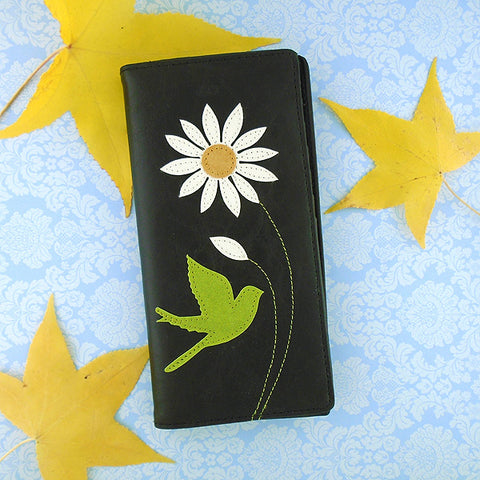 LAVISHY Eco-friendly bird & daisy flower applique vegan large wallet