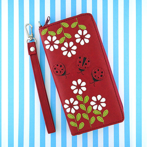 LAVISHY ladybug & flower applique vegan large wristlet wallet