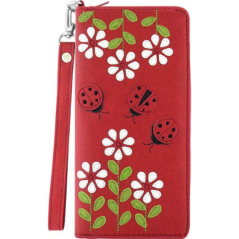 LAVISHY ladybug & flower applique vegan large wristlet wallet