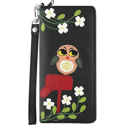 LAVISHY Eco-friendly owl & flower applique vegan large wristlet wallet