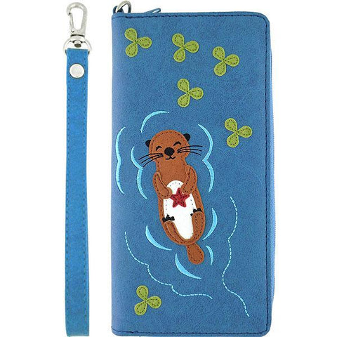 LAVISHY Eco-friendly cruelty free sea otter with starfish applique vegan large wristlet wallet. Great for everyday use & travel, cool gift for family & friends. Wholesale at www.lavishy.com for gift shops, clothing & fashion accessories boutiques, book stores in Canada, USA & worldwide since 2001.