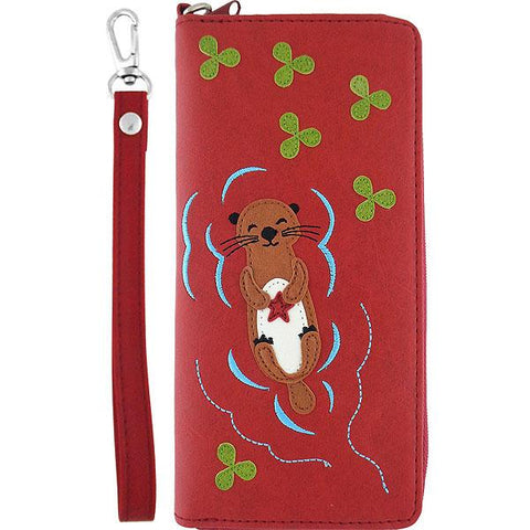 LAVISHY Eco-friendly cruelty free sea otter with starfish applique vegan large wristlet wallet. Great for everyday use & travel, cool gift for family & friends. Wholesale at www.lavishy.com for gift shops, clothing & fashion accessories boutiques, book stores in Canada, USA & worldwide since 2001.