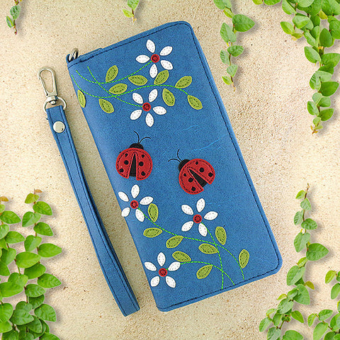 LAVISHY love ladybug & flower applique vegan large wristlet wallet