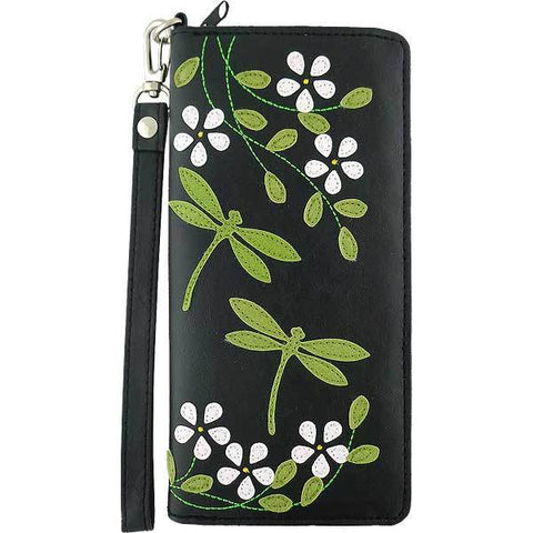 LAVISHY dragonfly & daisy flower applique vegan large wristlet wallet