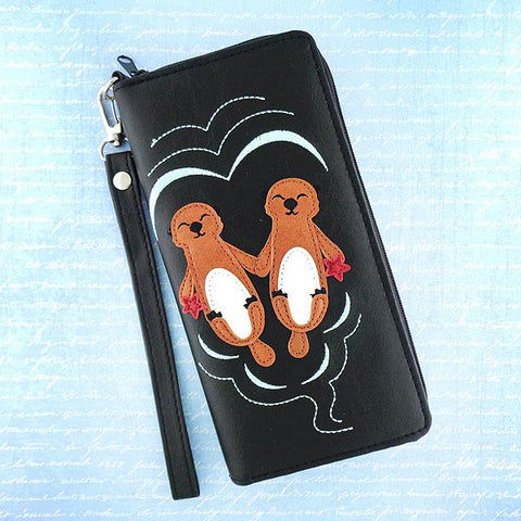 Online shopping for vegan brand LAVISHY's Eco-friendly cruelty free sea otters applique vegan large wristlet wallet. Great for everyday use & travel, cool gift for family & friends. Wholesale at www.lavishy.com for gift shops, clothing & fashion accessories boutiques, book stores in Canada, USA & worldwide since 2001.