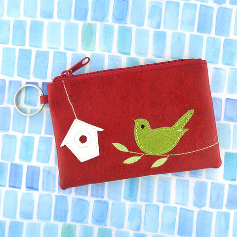 Online shopping for vegan brand LAVISHY's playful applique vegan key ring coin purse with adorable bird & birdhouse applique. Great for everyday use, fun gift for family & friends. Wholesale at www.lavishy.com for gift shop, clothing & fashion accessories boutique, book store in Canada, USA & worldwide since 2001.