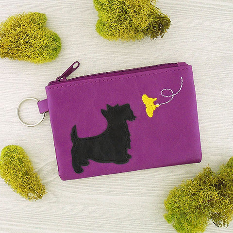 Scottish Terrier dog & butterfly applique vegan key ring coin purse