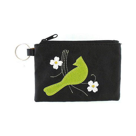 Online shopping for vegan brand LAVISHY's playful applique vegan key ring coin purse with adorable bird & flower applique. Great for everyday use, fun gift for family & friends. Wholesale at www.lavishy.com for gift shop, clothing & fashion accessories boutique, book store in Canada, USA & worldwide since 2001.