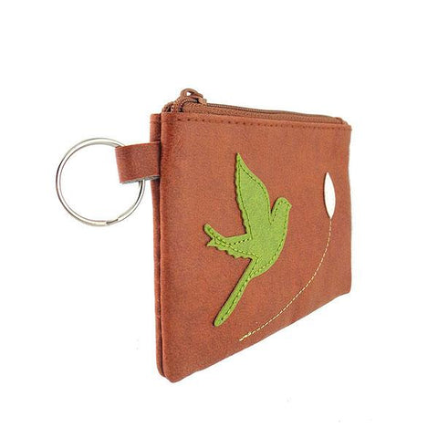 Online shopping for vegan brand LAVISHY's playful applique vegan key ring coin purse with adorable bird applique. Great for everyday use, fun gift for family & friends. Wholesale at www.lavishy.com for gift shop, clothing & fashion accessories boutique, book store in Canada, USA & worldwide since 2001.