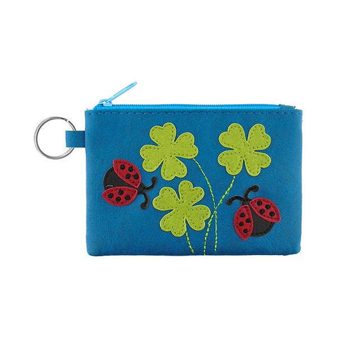 Online shopping for vegan brand LAVISHY's playful applique vegan key ring coin purse with adorable ladybug & clover applique. Great for everyday use, fun gift for family & friends. Wholesale at www.lavishy.com for gift shop, clothing & fashion accessories boutique, book store in Canada, USA & worldwide since 2001.