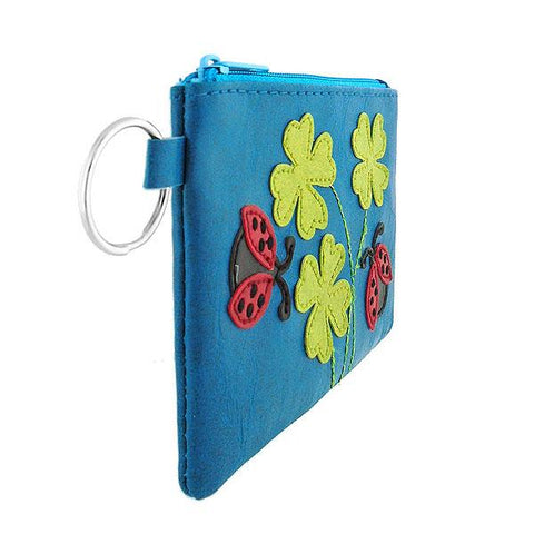 Online shopping for vegan brand LAVISHY's playful applique vegan key ring coin purse with adorable ladybug & clover applique. Great for everyday use, fun gift for family & friends. Wholesale at www.lavishy.com for gift shop, clothing & fashion accessories boutique, book store in Canada, USA & worldwide since 2001.