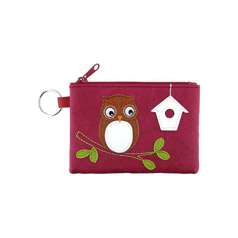 LAVISHY owl & bird house applique vegan key ring coin purse