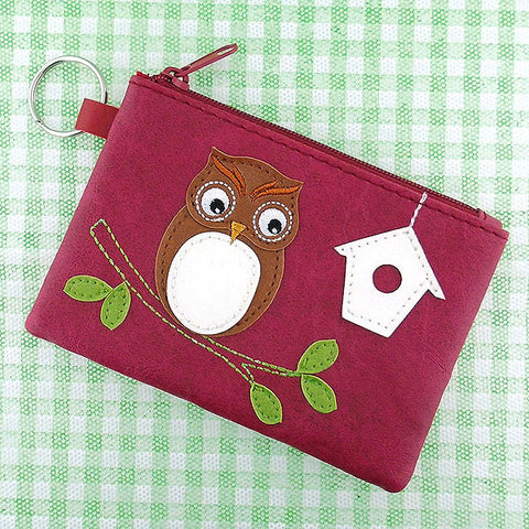 LAVISHY owl & bird house applique vegan key ring coin purse