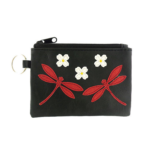 LAVISHY dragonfly & dogwood flower applique vegan key ring coin purse