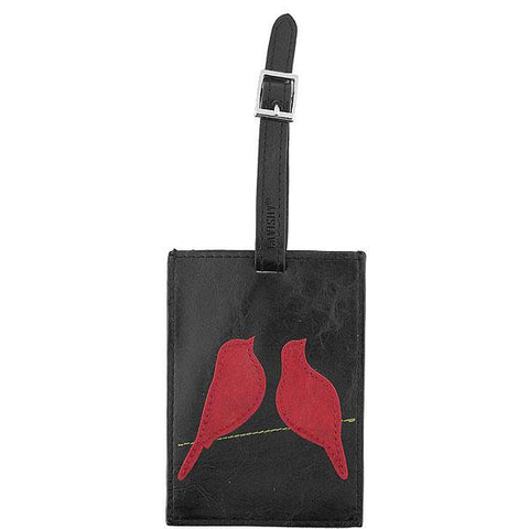 Online shopping for vegan brand LAVISHY's fun & playful applique vegan/faux leather luggage tag with adorable love birds applique. It's Eco-friendly, ethically made, cruelty free. A great gift for you or your friends & family. Wholesale at www.lavishy.com with many unique & fun fashion accessories.