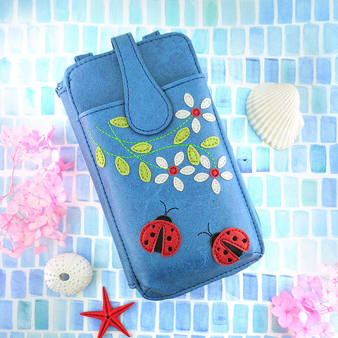 LAVISHY applique vegan cell phone bag/wallet-daisy & ladybug