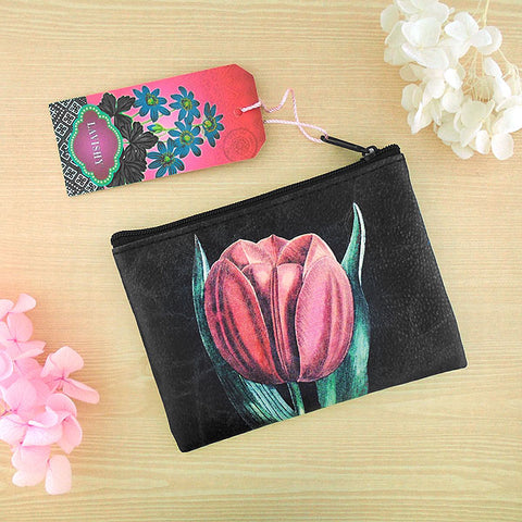 Online shopping for vegan brand LAVISHY's charming vintage style tulip flower print vegan coin purse. Great for everyday use, fun gift for family & friends. Wholesale at www.lavishy.com for gift shop, clothing & fashion accessories boutique, book store in Canada, USA & worldwide since 2001.