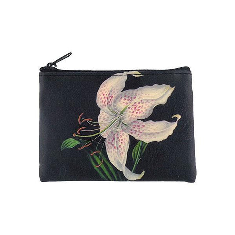 LAVISHY charming vintage style lily flower print vegan coin purse. Great for everyday use, fun gift for family & friends. Wholesale at www.lavishy.com for gift shop, clothing & fashion accessories boutique, book store in Canada, USA & worldwide since 2001.