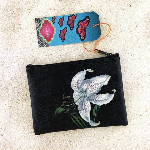 LAVISHY charming vintage style lily flower print vegan coin purse. Great for everyday use, fun gift for family & friends. Wholesale at www.lavishy.com for gift shop, clothing & fashion accessories boutique, book store in Canada, USA & worldwide since 2001.