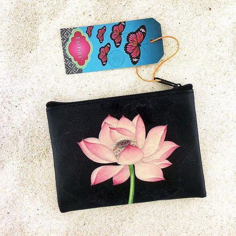 LAVISHY charming vintage style lotus flower print vegan coin purse. Great for everyday use, fun gift for family & friends. Wholesale at www.lavishy.com for gift shop, clothing & fashion accessories boutique, book store in Canada, USA & worldwide since 2001.