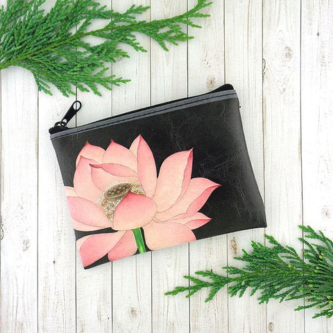 LAVISHY charming vintage style lotus flower print vegan coin purse. Great for everyday use, fun gift for family & friends. Wholesale at www.lavishy.com for gift shop, clothing & fashion accessories boutique, book store in Canada, USA & worldwide since 2001.