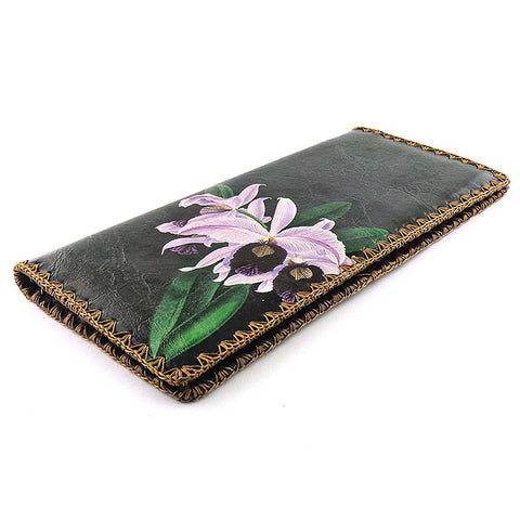 LAVISHY vintage style orchid flower print vegan large flat wallet