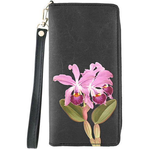 LAVISHY vintage style orchid flower print vegan large wristlet wallet