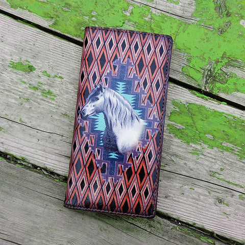 LAVISHY's vintage style horse & American Southwest pattern print vegan large wallet. Great for everyday use, fun gift for family & friends. Wholesale at www.lavishy.com for gift shops, clothing & fashion accessories boutiques, book stores in Canada, USA & worldwide since 2001.