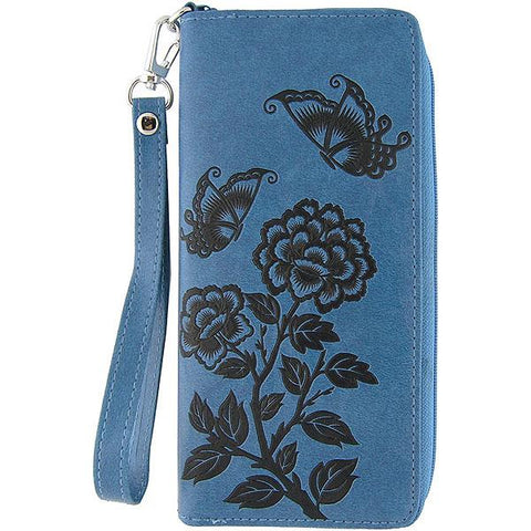 Embossed love butterfly & peony flower vegan large wristlet wallet
