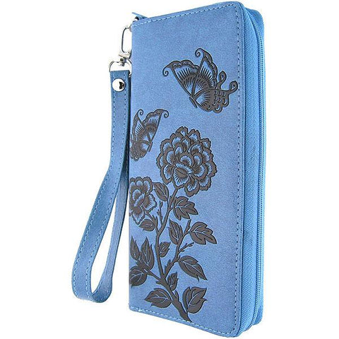 Embossed love butterfly & peony flower vegan large wristlet wallet