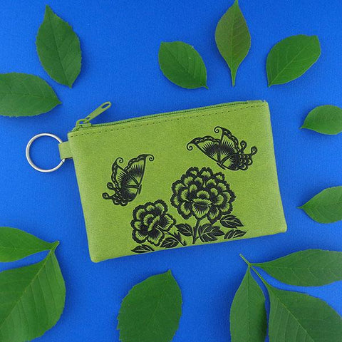 LAVISHY Eco-friendly peony & butterfly emboss vegan key ring coin purse. Great for everyday use, fun gift for family & friends. Wholesale at www.lavishy.com