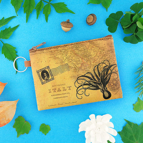 vegan brand LAVISHY's unisex key ring coin purse with vintage style octopus illustration on the old map background print. Great for everyday use, travel & gift for friends & family. Wholesale at www.lavishy.com for gift shop, fashion accessories & clothing boutiques, book stores worldwide since 2001.