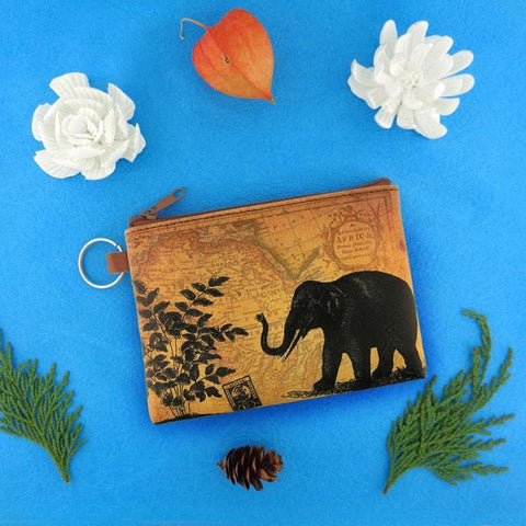 vegan brand LAVISHY's unisex key ring coin purse with vintage style elephant illustration on the old map background print. Great for everyday use, travel & gift for friends & family. Wholesale at www.lavishy.com for gift shop, fashion accessories & clothing boutiques, book stores worldwide since 2001.