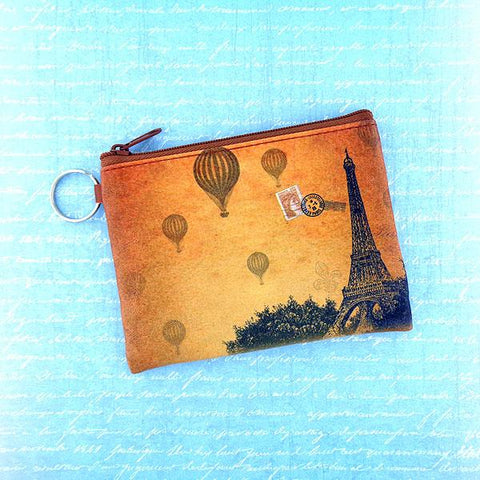 vegan brand LAVISHY's unisex key ring coin purse with vintage style Paris Eilffel Tower illustration on the old map background print. Great for everyday use, travel & gift for friends & family. Wholesale at www.lavishy.com for gift shop, fashion accessories & clothing boutiques, book stores worldwide since 2001.