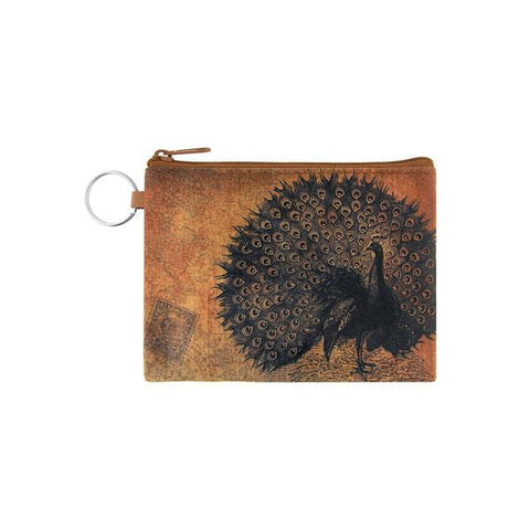 vegan brand LAVISHY's unisex key ring coin purse with vintage style peacock illustration on the old map background print. Great for everyday use, travel & gift for friends & family. Wholesale at www.lavishy.com for gift shop, fashion accessories & clothing boutiques, book stores worldwide since 2001.