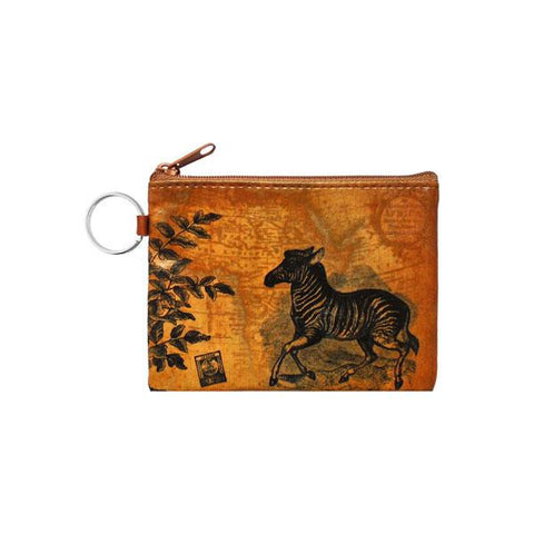 vegan brand LAVISHY's unisex key ring coin purse with vintage style zebra illustration on the old map background print. Great for everyday use, travel & gift for friends & family. Wholesale at www.lavishy.com for gift shop, fashion accessories & clothing boutiques, book stores worldwide since 2001.