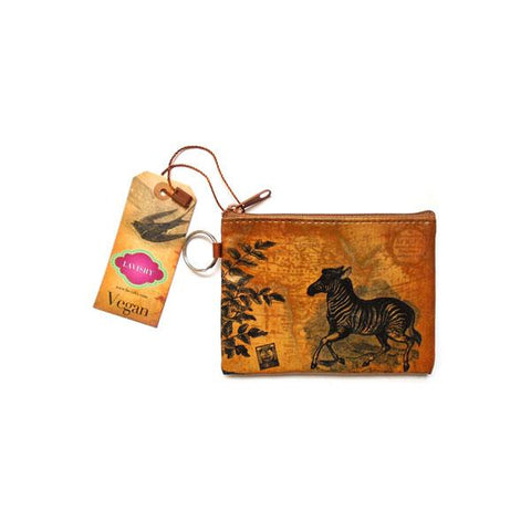 vegan brand LAVISHY's unisex key ring coin purse with vintage style zebra illustration on the old map background print. Great for everyday use, travel & gift for friends & family. Wholesale at www.lavishy.com for gift shop, fashion accessories & clothing boutiques, book stores worldwide since 2001.