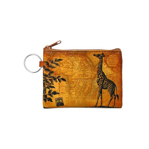 vegan brand LAVISHY's unisex key ring coin purse with vintage style giraffe illustration on the old map background print. Great for everyday use, travel & gift for friends & family. Wholesale at www.lavishy.com for gift shop, fashion accessories & clothing boutiques, book stores worldwide since 2001.