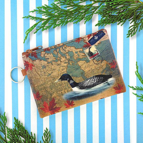 LAVISHY Canada collection vegan/faux leather key ring coin purse with vintage style print of Canadian loon illustration on the Canada map background. Great for everyday use, cool gift for family & friends. Wholesale at www.lavishy.com for gift shop, boutique, souvenir store since 2001.