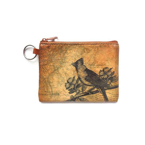 vegan brand LAVISHY's unisex key ring coin purse with vintage style cardinal illustration on the old map background print. Great for everyday use, travel & gift for friends & family. Wholesale at www.lavishy.com for gift shop, fashion accessories & clothing boutiques, book stores worldwide since 2001.