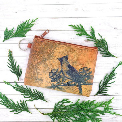 vegan brand LAVISHY's unisex key ring coin purse with vintage style cardinal illustration on the old map background print. Great for everyday use, travel & gift for friends & family. Wholesale at www.lavishy.com for gift shop, fashion accessories & clothing boutiques, book stores worldwide since 2001.