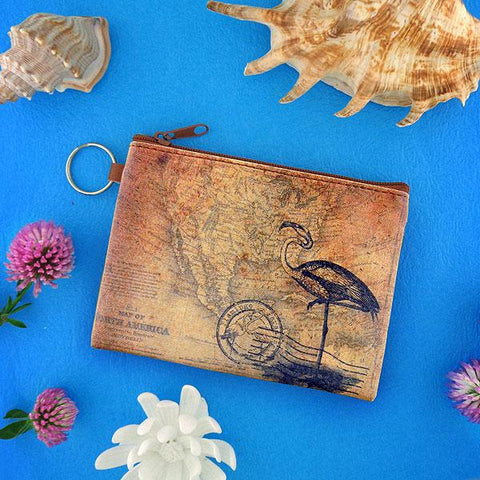 vegan brand LAVISHY's unisex key ring coin purse with vintage style flamingo illustration on the old map background print. Great for everyday use, travel & gift for friends & family. Wholesale at www.lavishy.com for gift shop, fashion accessories & clothing boutiques, book stores worldwide since 2001.